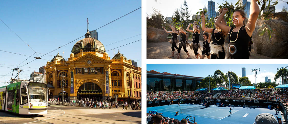 Federation train station with tram, aborigional dances and the Australian Open tennis