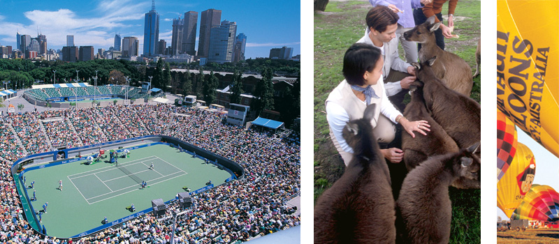 Australian Open Tennis, people hand feeding the kangaroos and hot air balloon in Melbourne